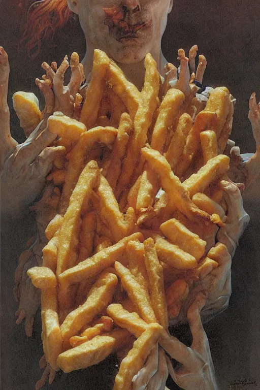 Image similar to a box of mcdonalds fries in the style of wayne barlowe, gustav moreau, goward, bussiere, roberto ferri, santiago caruso, luis ricardo falero, austin osman spare