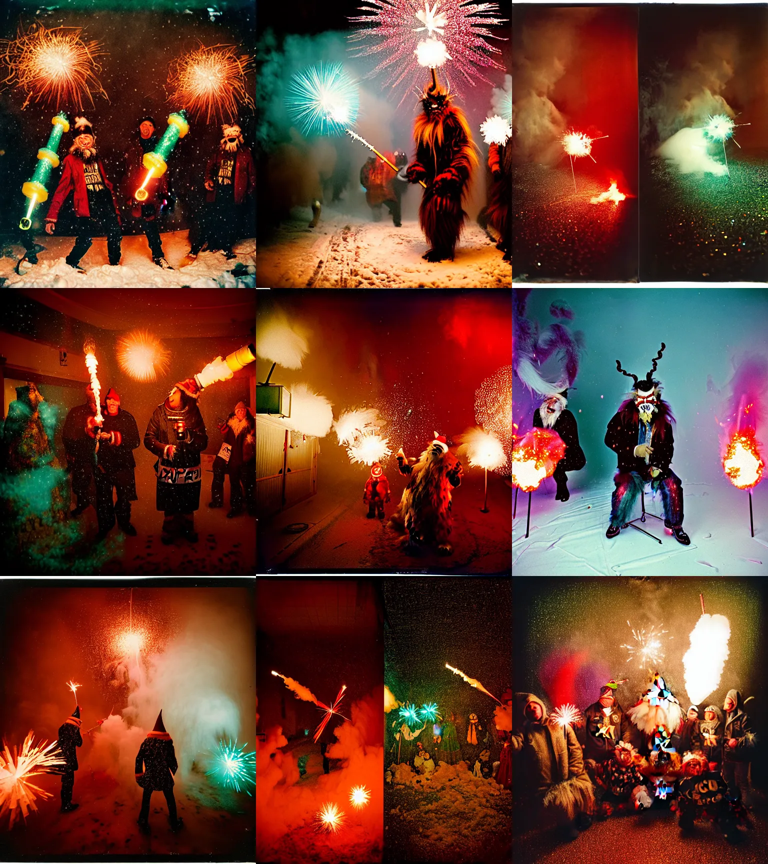 Prompt: kodak portra 4 0 0, wetplate, winter, snowflakes, rainbow coloured rockets, chaos, glitter tornados, award winning dynamic photo of a bunch of hazardous krampus between exploding fire barrels by robert capas, motion blur, in the hall of an inn at night with colourful pyro fireworks and torches, teal lights