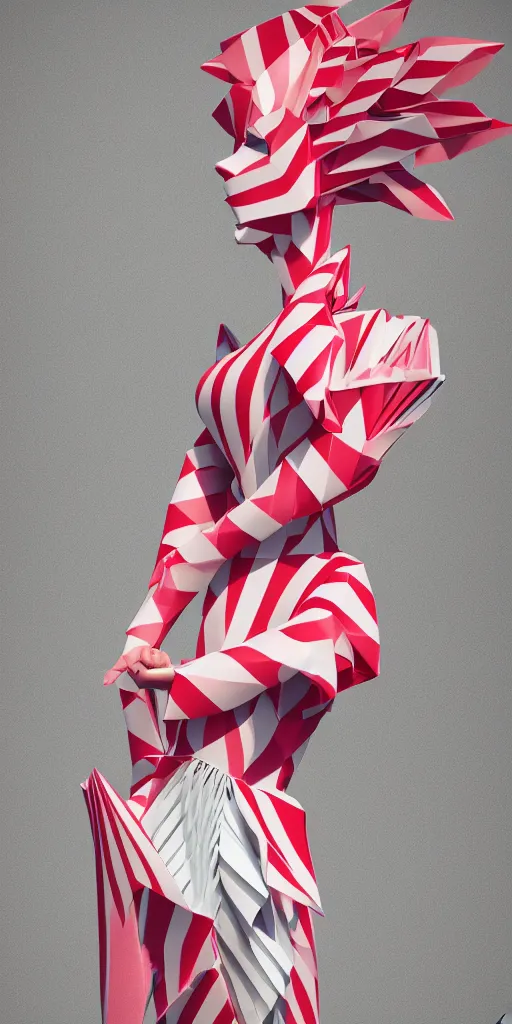 Image similar to anthropomorphic candy woman wearing a flowing paper couture dress striped like a candy cane, paper candy people, paper origami candy, pastel lighting, 3D, very detailed, octane render, trending ArtStation, artgem