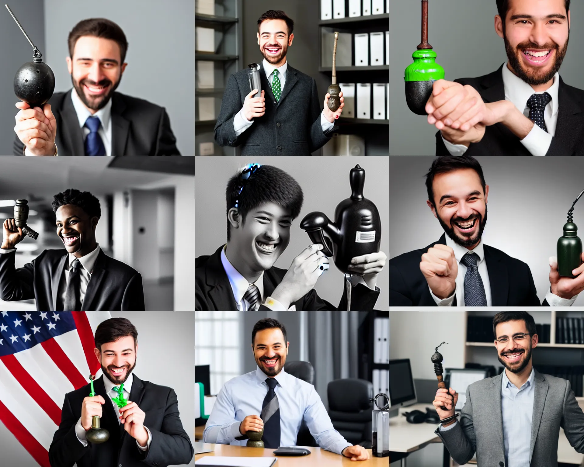 Prompt: photograph of an office worker smiling and holding a hand grenade! at work, his coworkers are screaming! at him in fear