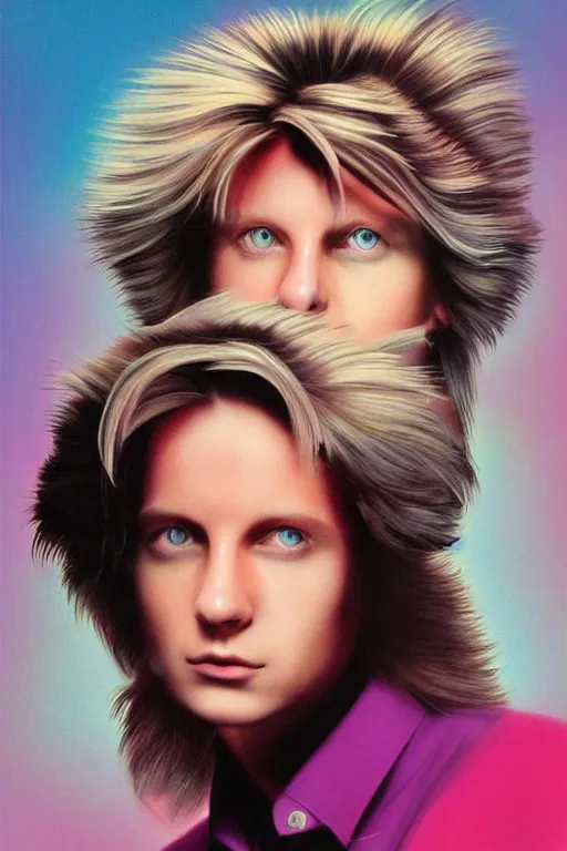 Image similar to an original beeple digital art portrait of a typical member of generation x, in the style of a 1 9 8 0's glamour shot, beautiful flowing mullet hairstyle