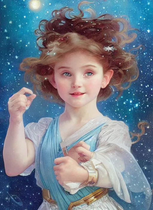 Image similar to a cute little girl with a round cherubic face, blue eyes, and short wavy light brown hair smiles as she floats in space with stars all around her. She is wearing a turquoise dress. Beautiful painting by Artgerm and Greg Rutkowski and Alphonse Mucha