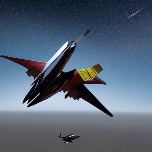 Prompt: a jet fighter and a ufo fighting in the sky above a desert