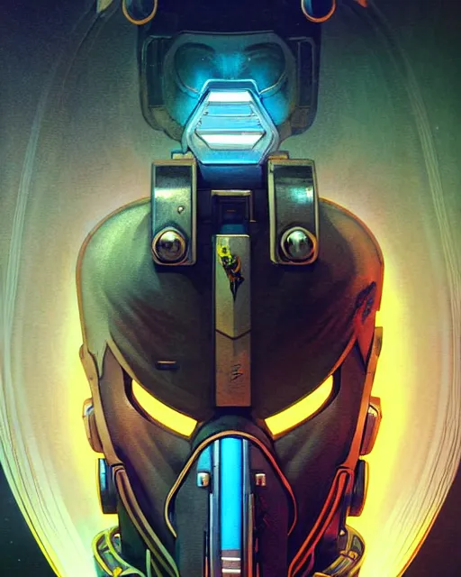 Image similar to hanzo from overwatch, cyber suit, hologram mask, character portrait, portrait, close up, concept art, intricate details, highly detailed, vintage sci - fi poster, retro future, vintage sci - fi art, in the style of chris foss, rodger dean, moebius, michael whelan, and gustave dore