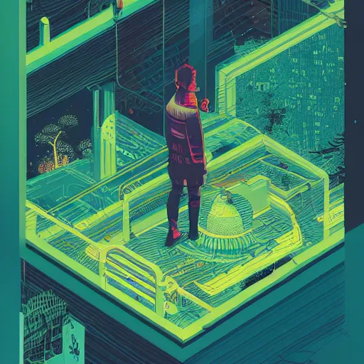 Image similar to Stunning isometric illustration of single cyberpunk explorer overlooking lush forest , highly detailed, midnight, small glowing orbs by Victo Ngai and James Gilleard , Moebius, Laurie Greasley