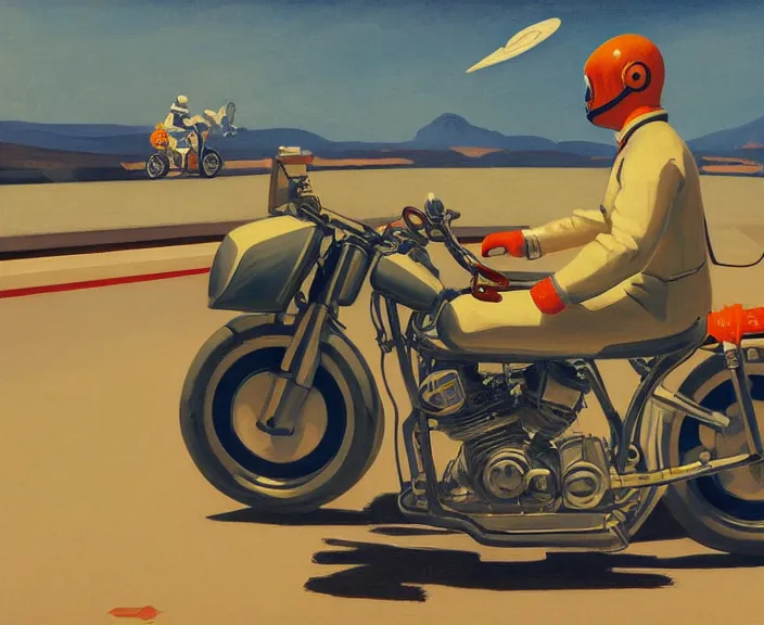 Image similar to a very detailed painting of a astronaut wearing a suit, riding a motorbike down a street, harley davidson motorbike, worm's - eye view, very fine brush strokes, very aesthetic, very futuristic, in the style of edward hopper and grant wood and syd mead, 4 k,