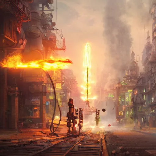 Image similar to a steampunk town, robot, fire, ash, electricity lightning, furry, soft, concept art, sharp focus, intricate details, highly detailed, photorealistic, disney pixar, octane render, iridescent, anime, 8 k