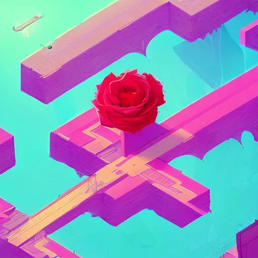 Image similar to beautiful digital rose in stunning pick sea, isometric, by Anton Fadeev and Simon Stalenhag, trending on artstation