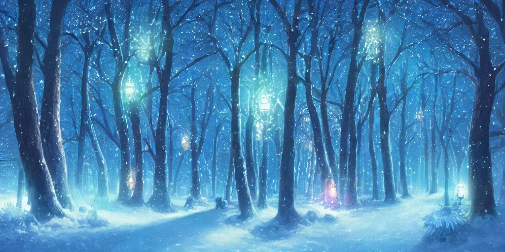 Image similar to high quality illustration of an enchanted magical winter forest::night time, glowing sparkles, mystic lightning::painted by Daisuke Tsutsumi, artstation art