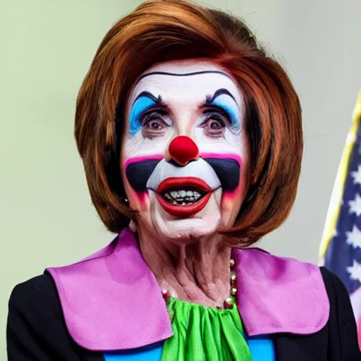 Image similar to Nancy Pelosi as a clown with a clown wig, clown nose and clown makeup whiteface, highly-detailed realistic