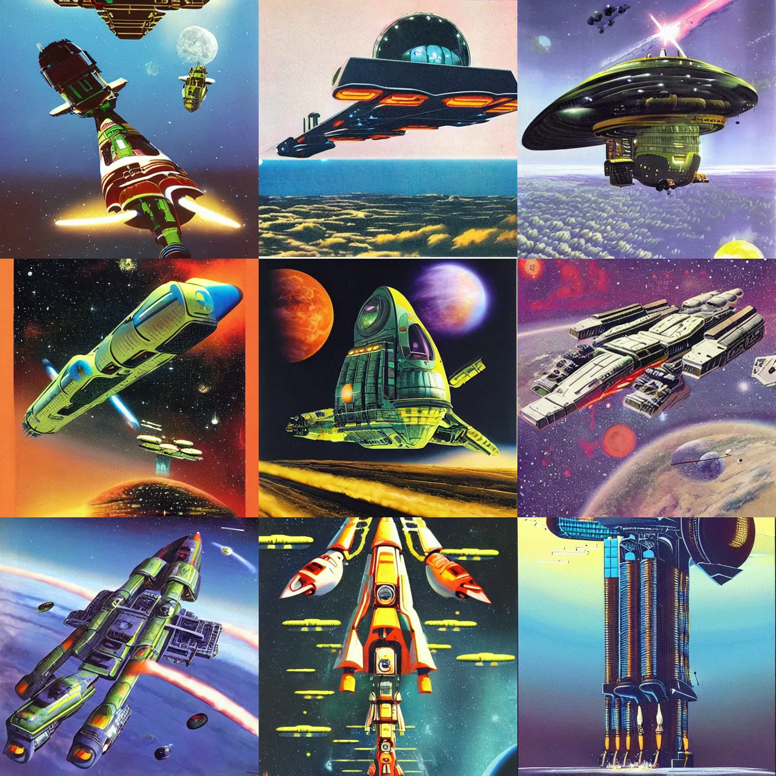 Prompt: big weird spaceship, 1970s, artwork by Chris Foss