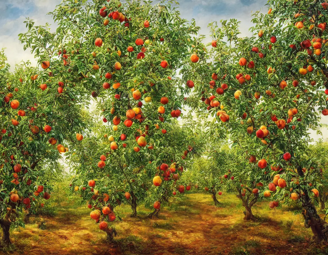 Prompt: hyper realistic oil painting of fruit orchard in garden of eden, hd, hdr, by stanisław wyspianski, ultra detailed, high resolution