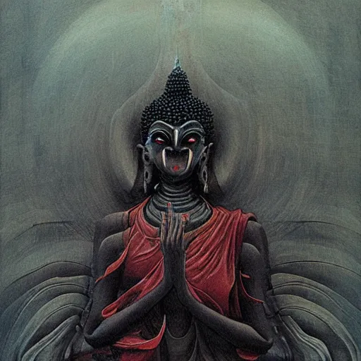 Image similar to naraka buddhist demon korean female, surrounded by black energy, dystopian surrealism, beksinski, symmetrical long head, smooth marble stone surfaces, deep aesthetic
