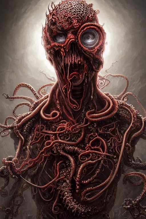Image similar to realistic portrait of beautifully crystalized and detailed portrait of a biomech zombie with gasmask, tentacles, tendrils, eldritch, matte painting of cinematic movie scene red dragon, horror, created by gustave dore and greg rutkowski, high detailed, smooth draw, synthwave neon retro, intricate, realistic proportions, dramatic lighting, trending on artstation.