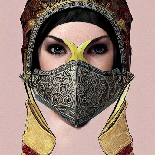 Prompt: portrait of a beautiful female knight with half faced mask, illustration, digital art, highly detailed