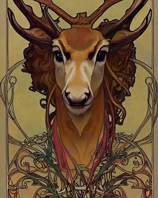 Image similar to an art nouveau painting of a deer with antlers, highly detailed, intricate, artstation, by alphonse mucha and james gurney