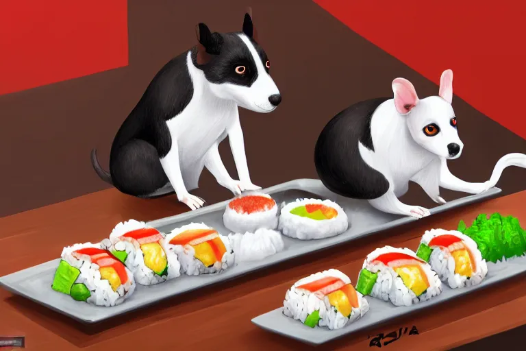 Image similar to a rat terrier dog sushi chef serving two gray cats at a sushi bar digital painting, trending on artstation, 4 k wallpaper