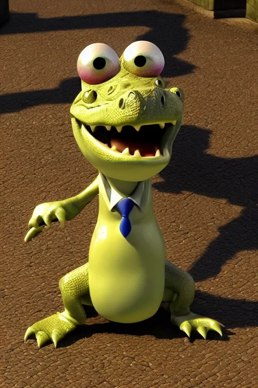 Image similar to a cute crocodile wearing a formal overcoat Pixar style 3D render octane render unreal engine 5 path tracing front shot cute Disney style 4K natural