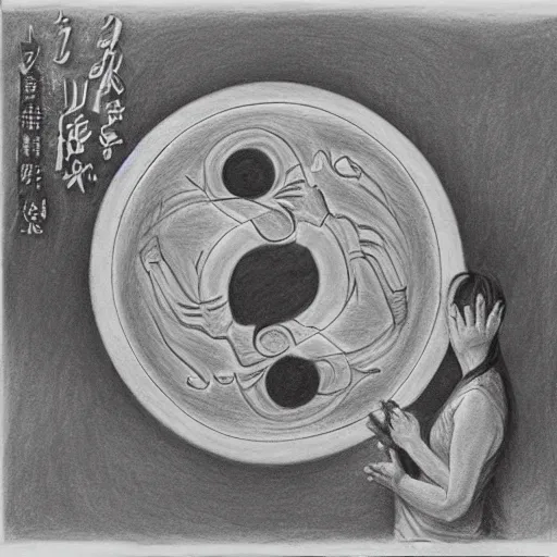 Image similar to a drawing of a woman giving birth to emercging yin - yang daoist symbol, black and white detailed pencil drawing dao