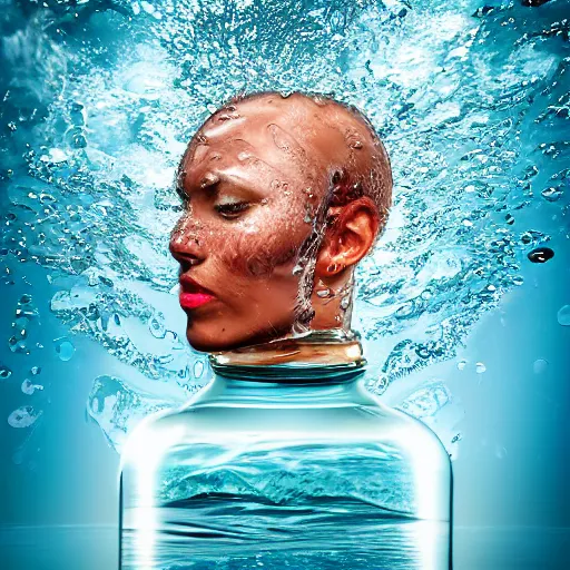 Prompt: water art manipulation in the shape of a human head in a bottle shape, on the ocean water, futuristic, glowing, hyper realistic, ray tracing, realistic water splashes, sharp focus, long shot, 8 k resolution, cinematic, photoshop water art