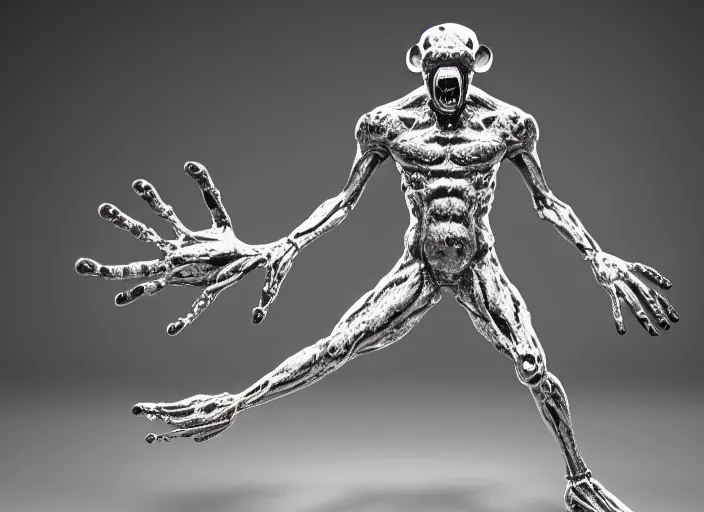 Image similar to stylized shiny polished silver statue full body extra limbs bizarre cosmic horror demonic demon made of marble of disney character mickey mouse, perfect symmetrical body, perfect symmetrical face, hyper realistic, hyper detailed, by johannen voss, by michelangelo, octane render, blender, 8 k, displayed in pure white studio room