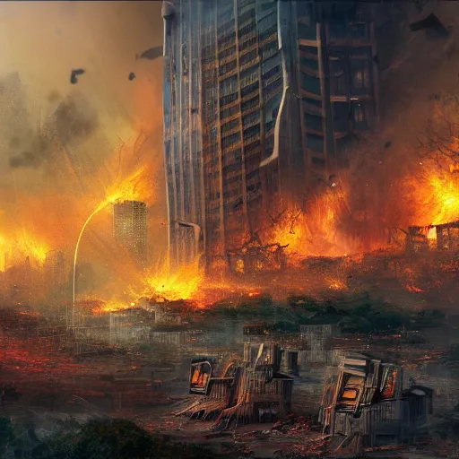 Prompt: damaged city, high - tech, concept art, forest, fire tornado, high resolution