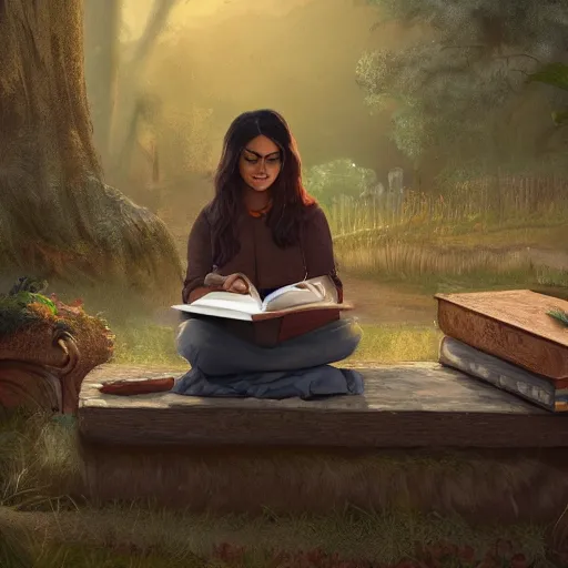 Image similar to a brown female author writing a book in a cottage in the woods, detailed digital art, trending on artstation, realistic! 8k
