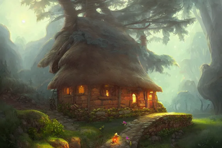 Image similar to a painting of a little cottage sitting on the back of a giant wolf that is walking through a magical forest, by andreas rocha, trending on artstation