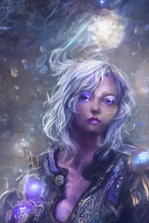 Prompt: Path of Exile, Maven, clear face, blue eyes, female image with silver purple hair among colourful lights, dark blue spheres fly around, Anachronism, painting, dark fantasy, steampunk, 4k, perfect quality,