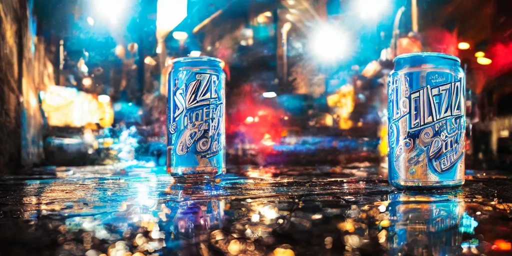 Prompt: ad truly seltzer can day glo lighting, professional photography, dutch angle, sweat and reflections, 8k