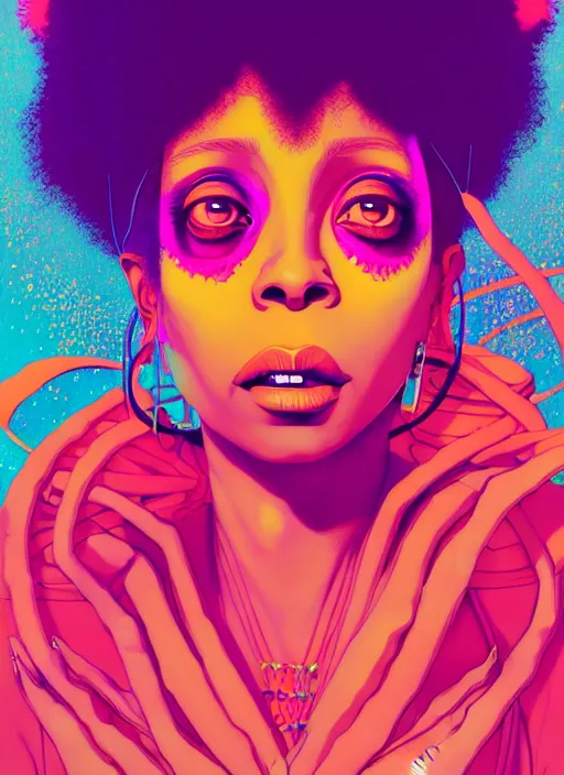 Prompt: portrait of erykah badu, epic, anime, artstation winner by victo ngai, kilian eng and by jake parker, by conrad roset, swirly vibrant color lines, winning award masterpiece, fantastically gaudy, aesthetic octane render, 8 k hd resolution