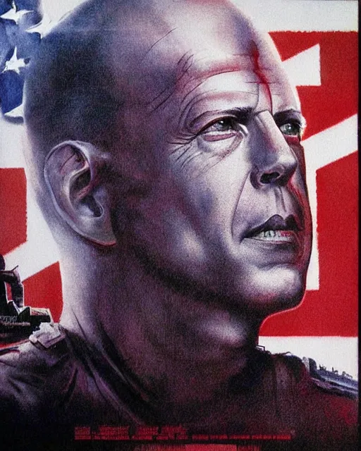 Prompt: bruce willis in 1 2 monkeys, airbrush, drew struzan illustration art, key art, movie poster