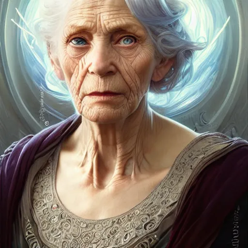 Image similar to Portrait of old wrinkly grandma, D&D, blue eyes, face, fantasy, intricate, elegant, highly detailed, digital painting, artstation, concept art, smooth, sharp focus, illustration, art by artgerm and greg rutkowski and alphonse mucha