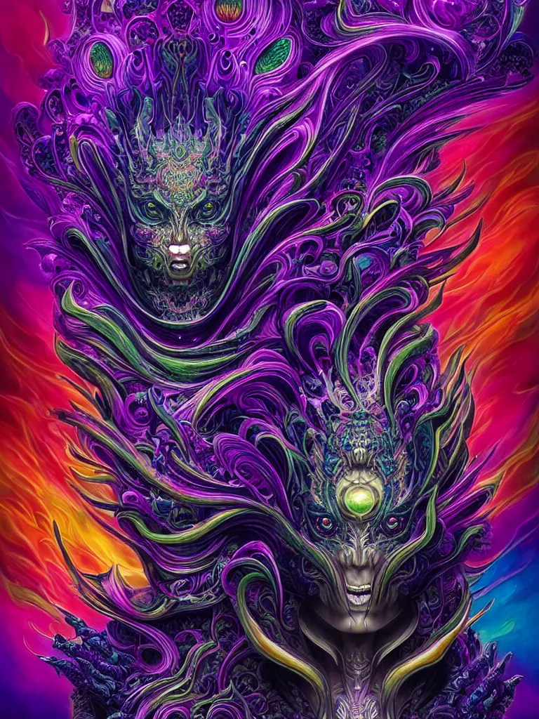 Image similar to depicting a wrathful technological nightmare monster god, in the style of lisa frank, exuberant organic elegant forms, by karol bak and filip hodas : : 1. 4 purple, red, blue, green, black intricate mandala explosions : : intuit art : : turbulent water backdrop : : damask wallpaper : : atmospheric