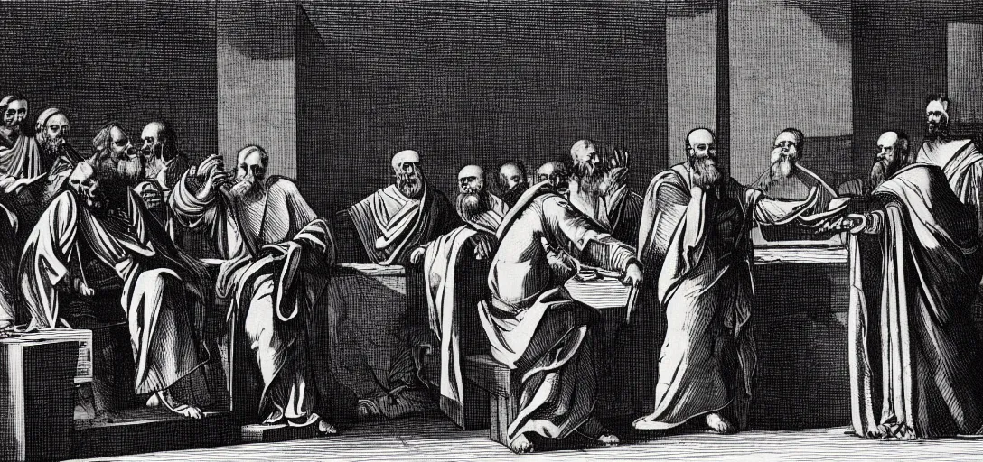 Image similar to origen of alexandria debates with epiphanius of salamis on a presidential debate stage