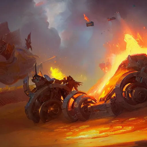 Prompt: a fiery catapult war cart, catapult, yellow battlefield theme, bright art masterpiece artstation. 8 k, sharp high quality artwork in style of jose daniel cabrera pena and greg rutkowski, concept art by tooth wu, blizzard warcraft artwork, hearthstone card game artwork, cart wheels