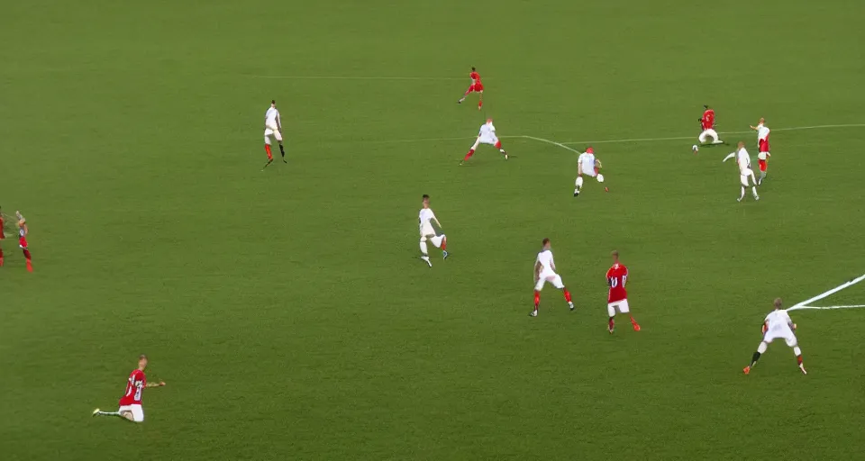 Prompt: television broadcast of professional soccer game, players wearing top hats, wide angle, birds eye, tv