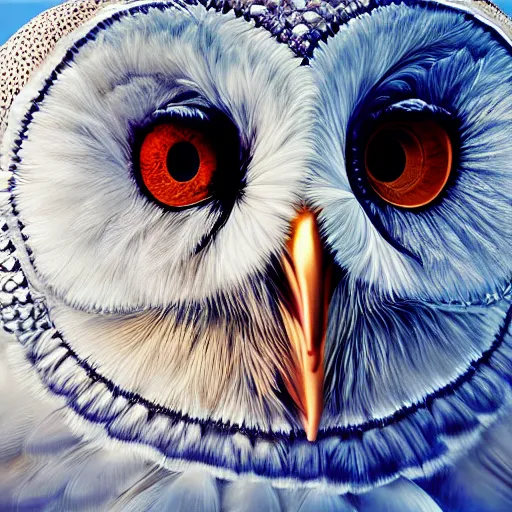 Prompt: hyperrealistic oil painting of a diamond encrusted metallic barn owl, by range murata and beeple and monet.