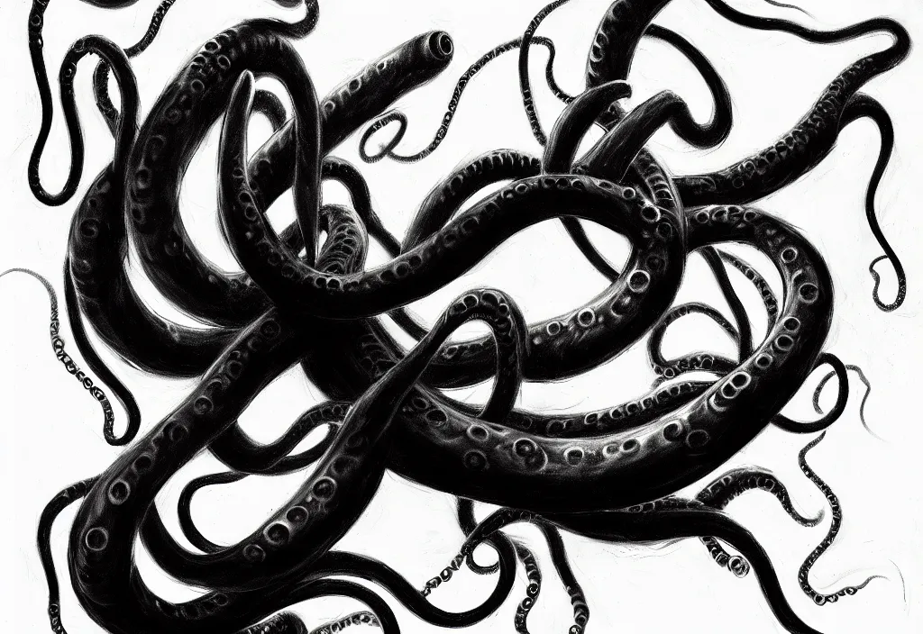 Image similar to underwater tentacle painting spiraling inward by Greg Manchess, Art Directed by Jeremy Jarvis; Deep sea horror; gallery painting; teeth and eyes; black ink; fine line work; epic pencil sketch trending on artstation; Charcoal Tattoo; concept art; epic cinema post landscape illustration