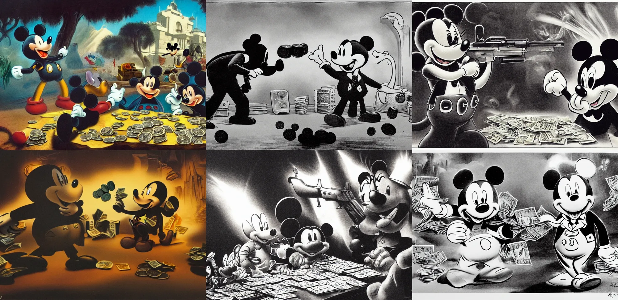 Prompt: engraving of Pablo Escobar shooting Ak47 and mickey mouse counting money by John Kricfalusi and Frank Frazetta , epic composition, Volumetric light