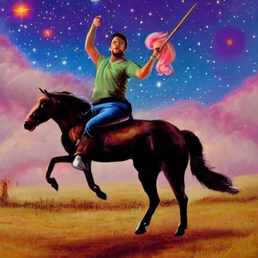 Image similar to wil wheaton wesley crusher riding a unicorn into battle impressionist oil painting fantasy 1 5