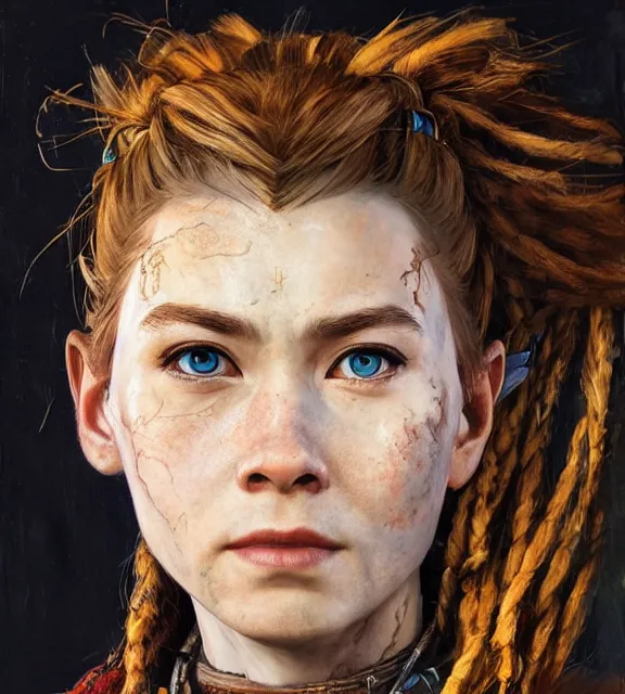 Prompt: oil portrait of aloy from horizon zero dawn, by hans holbein