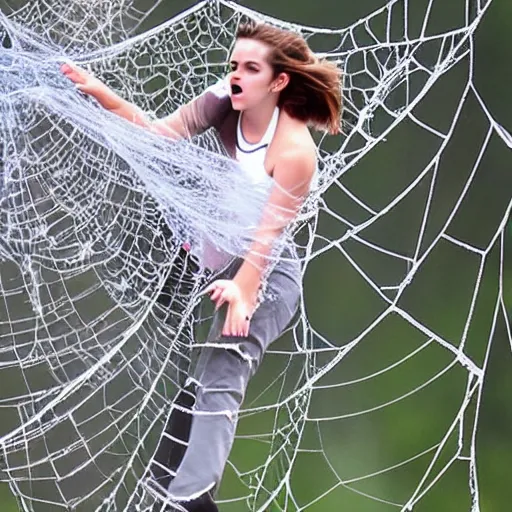 Image similar to frustrated emma watson dangling and trapped in giant spider webs