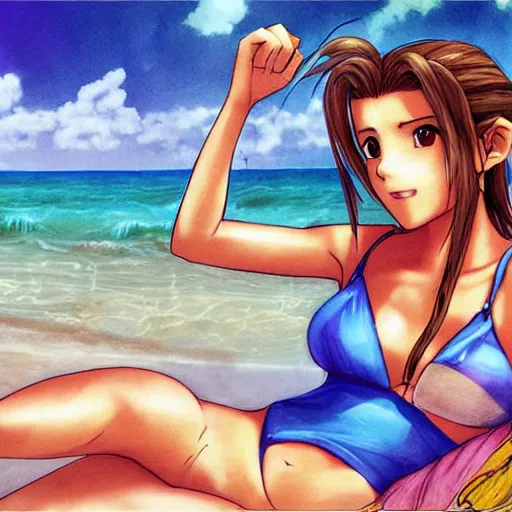 Image similar to beautiful aerith from final fantasy in a bikini on the beach making eye contact drawn by sakimichan
