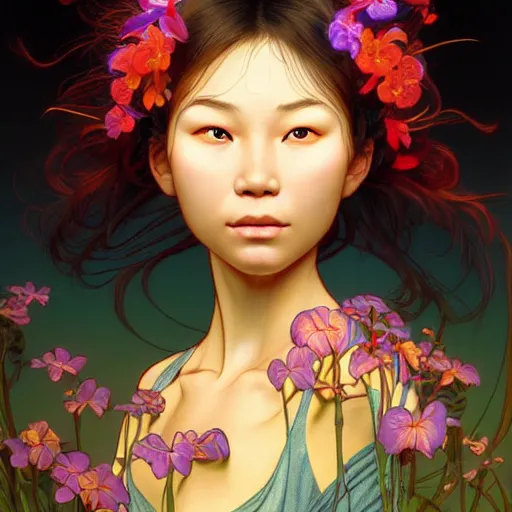 Prompt: a beautiful vivid color digital 3 d illustration portrait of the face of a young vietnamese woman in drawn by brain froud, charles vess, akira toriyama, alphonse mucha, range murata, cinematic lighting, epic composition, highly detailed, eighties tape aesthetic