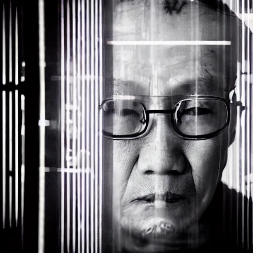 Prompt: a portrait of very very very old justin sun in cyberpunk prison looking through the laser bars of his cell, by annie leibovitz, shallow depth of field, cinematic lighting