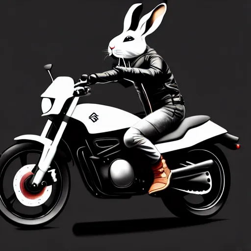 Image similar to a bunny wearing a leather jacket, riding a suzuki dr 6 0 0 motorcycle, highly detailed, digital painting, artstation, concept art, matte, sharp focus, highly detailed, 4 k, hdr, smooth, sharp focus, high resolution, award - winning photo, photorealistic, art by artgerm and greg rutkowski and alphonse mucha, large shot