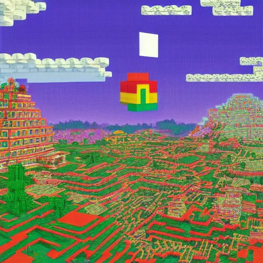 Prompt: A Dithered Minecraft Landscape with some buildings a painting by Takashi Murakami Chiho Aoshima Yoshitomo Nara and Aya Takano Superflat