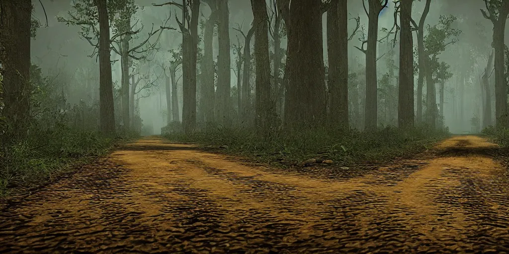 Prompt: a dirt road in a forrest a night with zombies walking toward the viewer, hyper detailed, horror movie, volumetric, cinematic