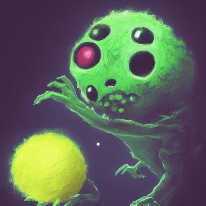 Image similar to cinematic portrait of a cute tennis ball monster in the abyss of space, chalk, masterpiece, trending on artstation, featured on pixiv, cinematic composition, dramatic pose, beautiful lighting, sharp details, hyper - detailed, hd, hdr, 4 k, 8 k, art by basil gogos